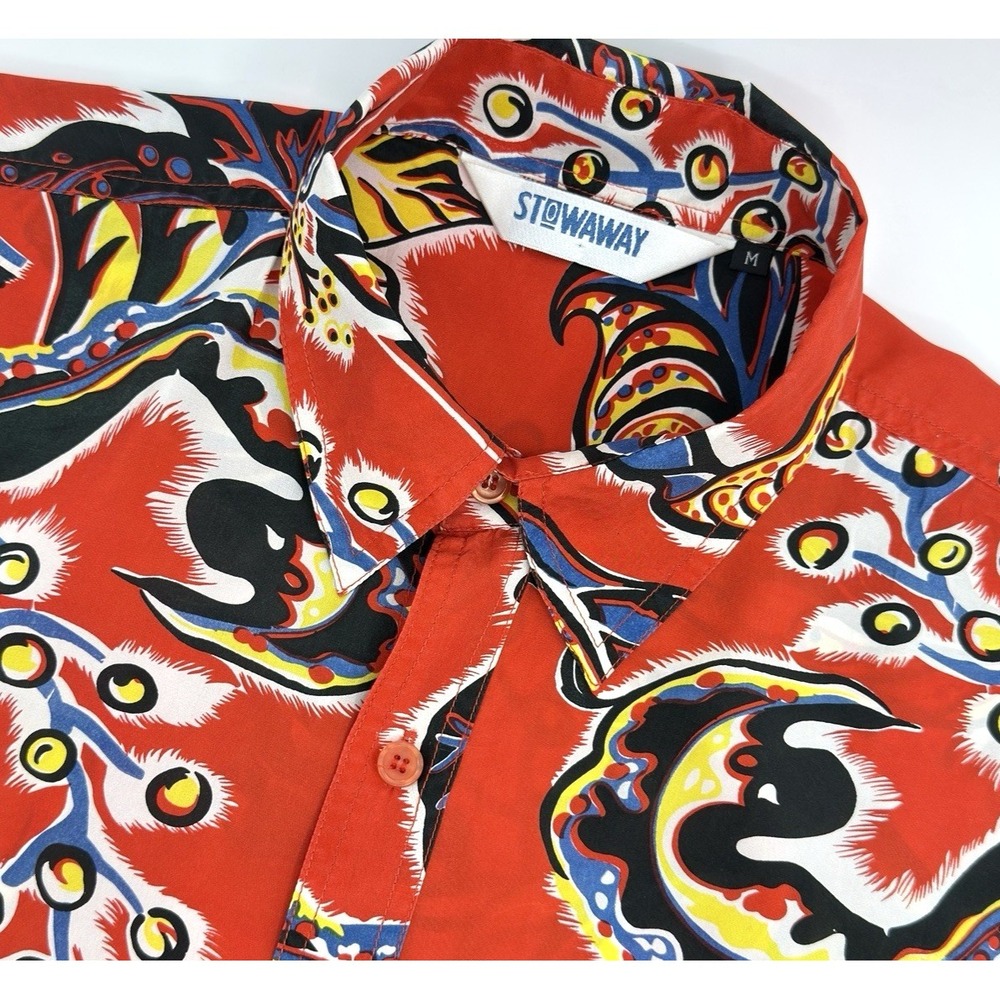 Stowaway 100% Silk Hawaiian Shirt Men M Red Tropical Floral Camp Collar Resort